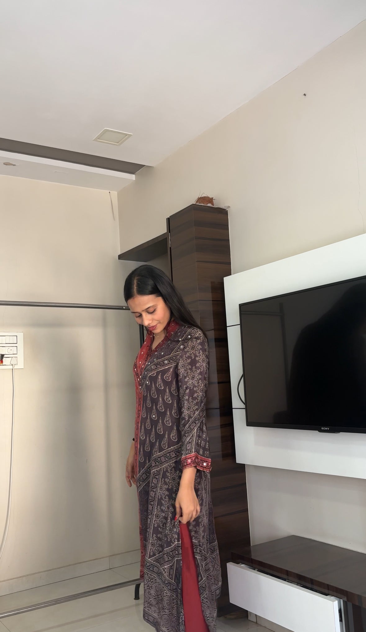 Ajrakh Print Mirror work Kurta Pant set- Red/Brown and Brown/Blue Colour - Kurti Pant Set