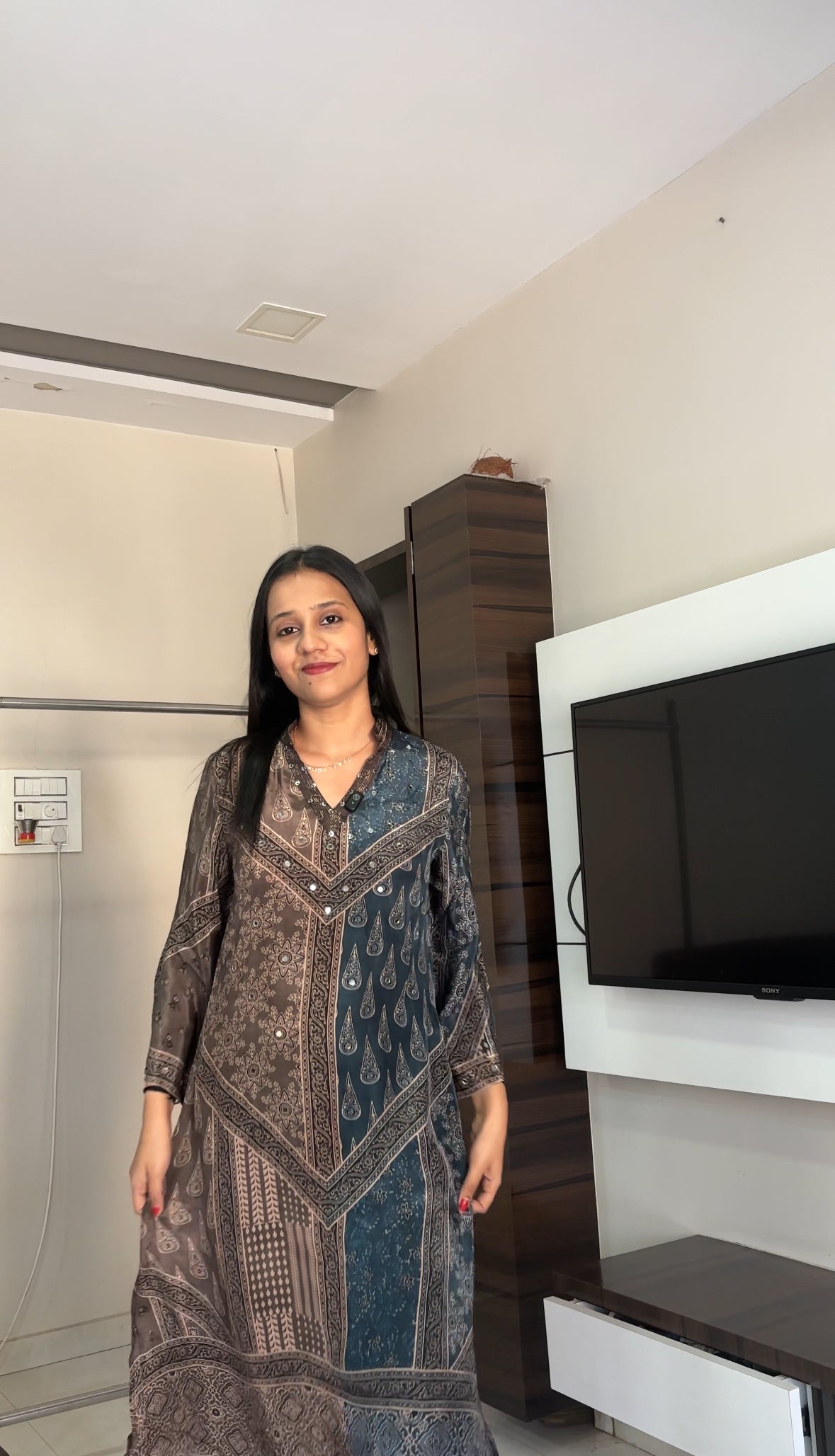 Ajrakh Print Mirror work Kurta Pant set- Red/Brown and Brown/Blue Colour - Kurti Pant Set