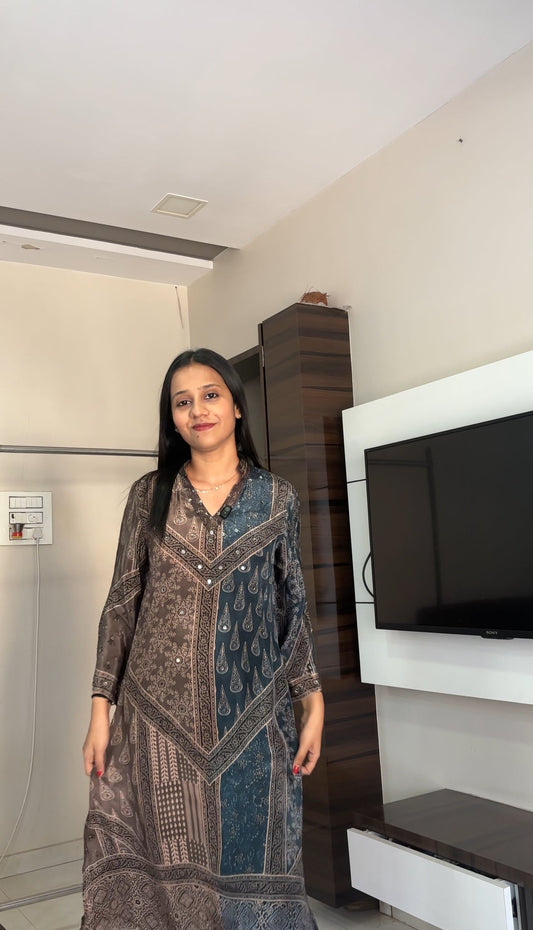 Ajrakh Print Mirror work Kurta Pant set- Red/Brown and Brown/Blue Colour - Kurti Pant Set