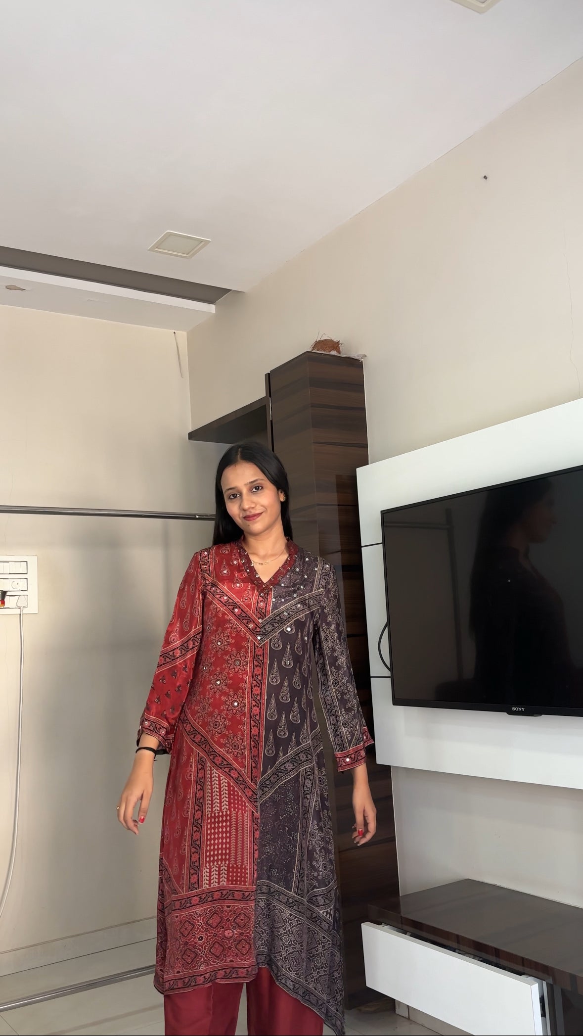 Ajrakh Print Mirror work Kurta Pant set- Red/Brown and Brown/Blue Colour - Kurti Pant Set