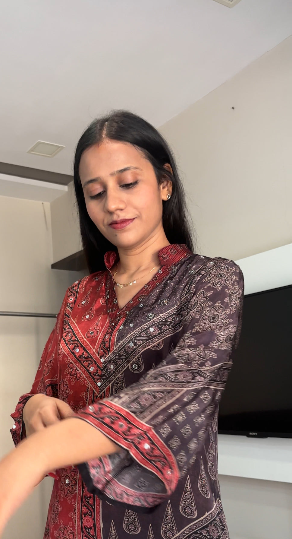 Ajrakh Print Mirror work Kurta Pant set- Red/Brown and Brown/Blue Colour - Kurti Pant Set