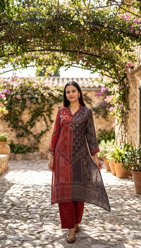 Ajrakh Print Mirror work Kurta Pant set- Red/Brown and Brown/Blue Colour - Kurti Pant Set