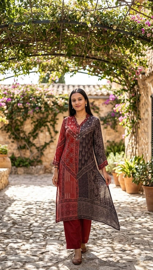 Ajrakh Print Mirror work Kurta Pant set- Red/Brown and Brown/Blue Colour - Kurti Pant Set