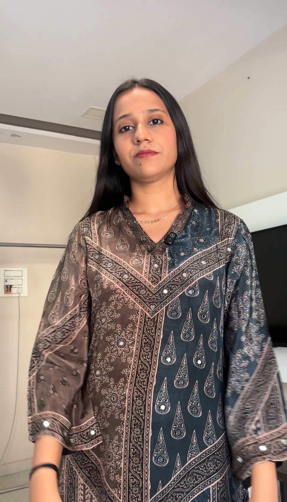 Ajrakh Print Mirror work Kurta Pant set- Red/Brown and Brown/Blue Colour - Kurti Pant Set