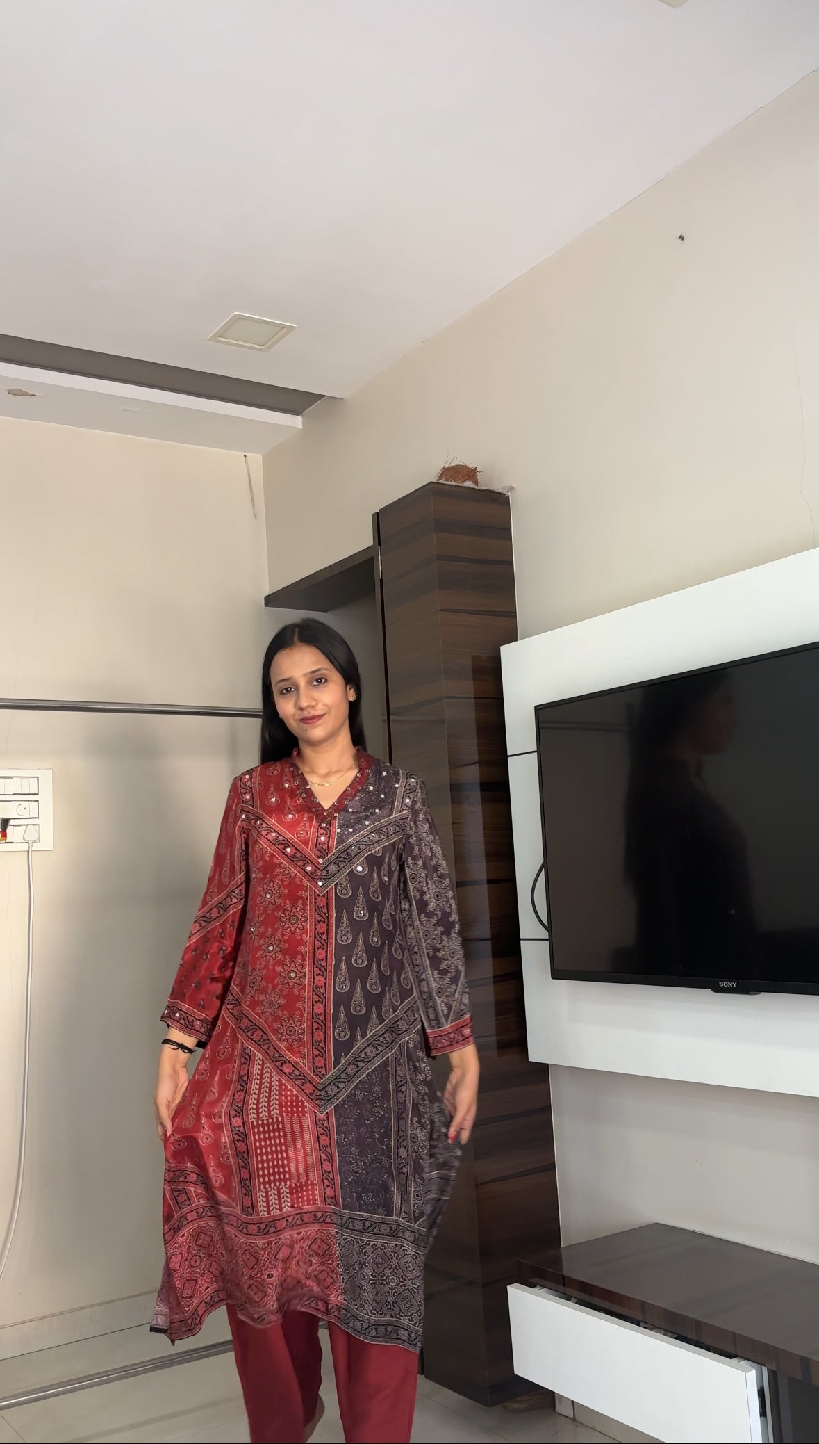 Ajrakh Print Mirror work Kurta Pant set- Red/Brown and Brown/Blue Colour - Kurti Pant Set