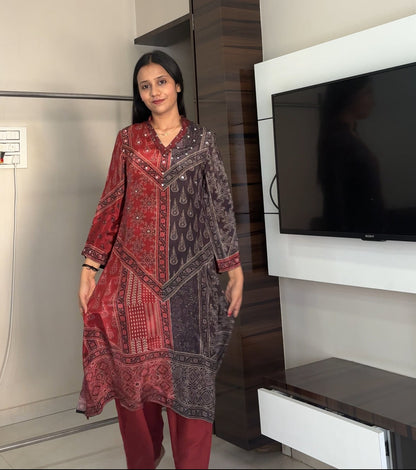 Ajrakh Print Mirror work Kurta Pant set- Red/Brown and Brown/Blue Colour - Kurti Pant Set