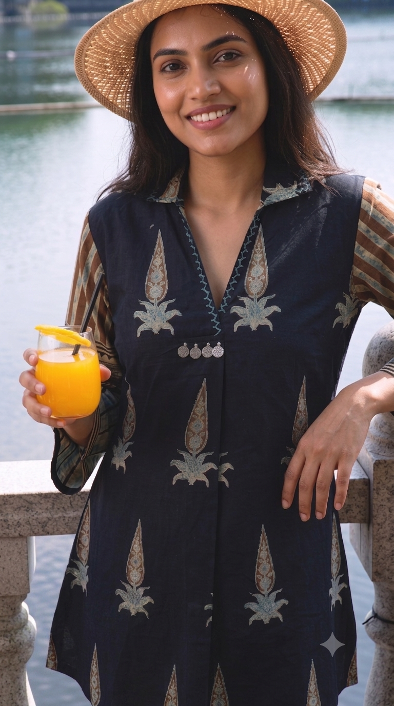Ajrakh Inspired Ethnic Print Cotton Short Kurti with Striped Pants