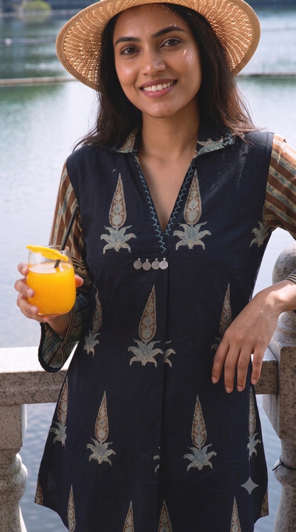 Ajrakh Inspired Ethnic Print Cotton Short Kurti with Striped Pants