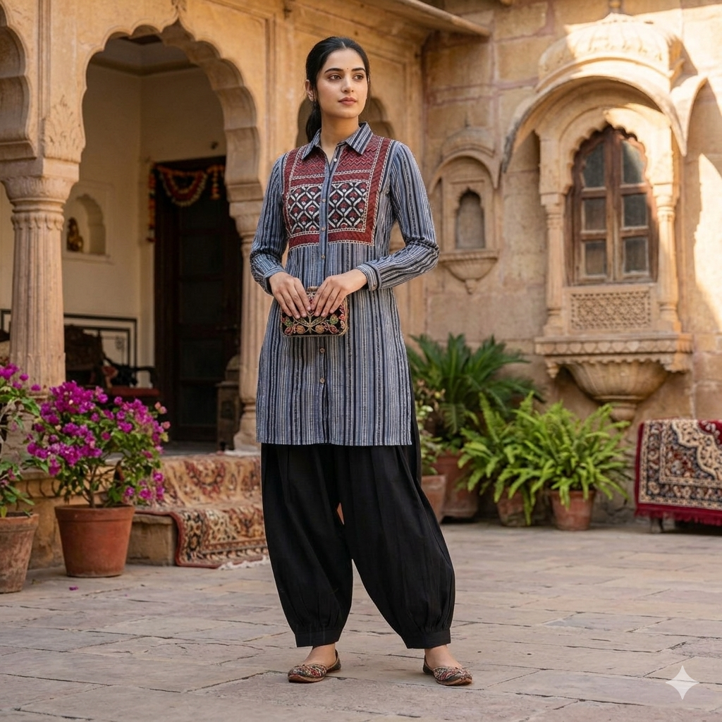Grey Red Cotton Kurti Pant Set - Kurti Pant Set
