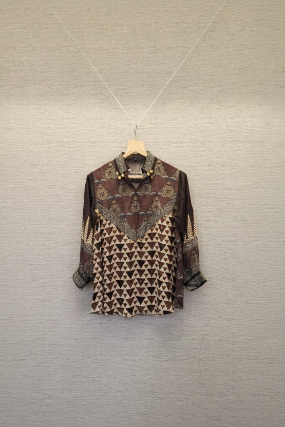 Deep Brown Ajrakh Printed Indo-Western Crepe Shirt Top