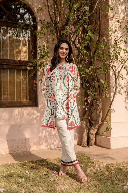 Aza Ivory Floral Print Indo-western White Jacket Co-Ord set with Sleeveless Top Embroidery and Sequins work - Coord Set