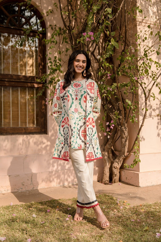Aza Ivory Floral Print Indo-western White Jacket Co-Ord set with Sleeveless Top Embroidery and Sequins work - Coord Set