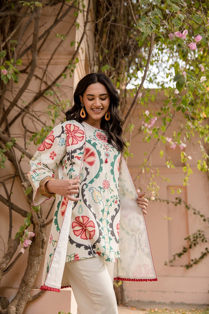 Aza Ivory Floral Print Indo-western White Jacket Co-Ord set with Sleeveless Top Embroidery and Sequins work - Coord Set