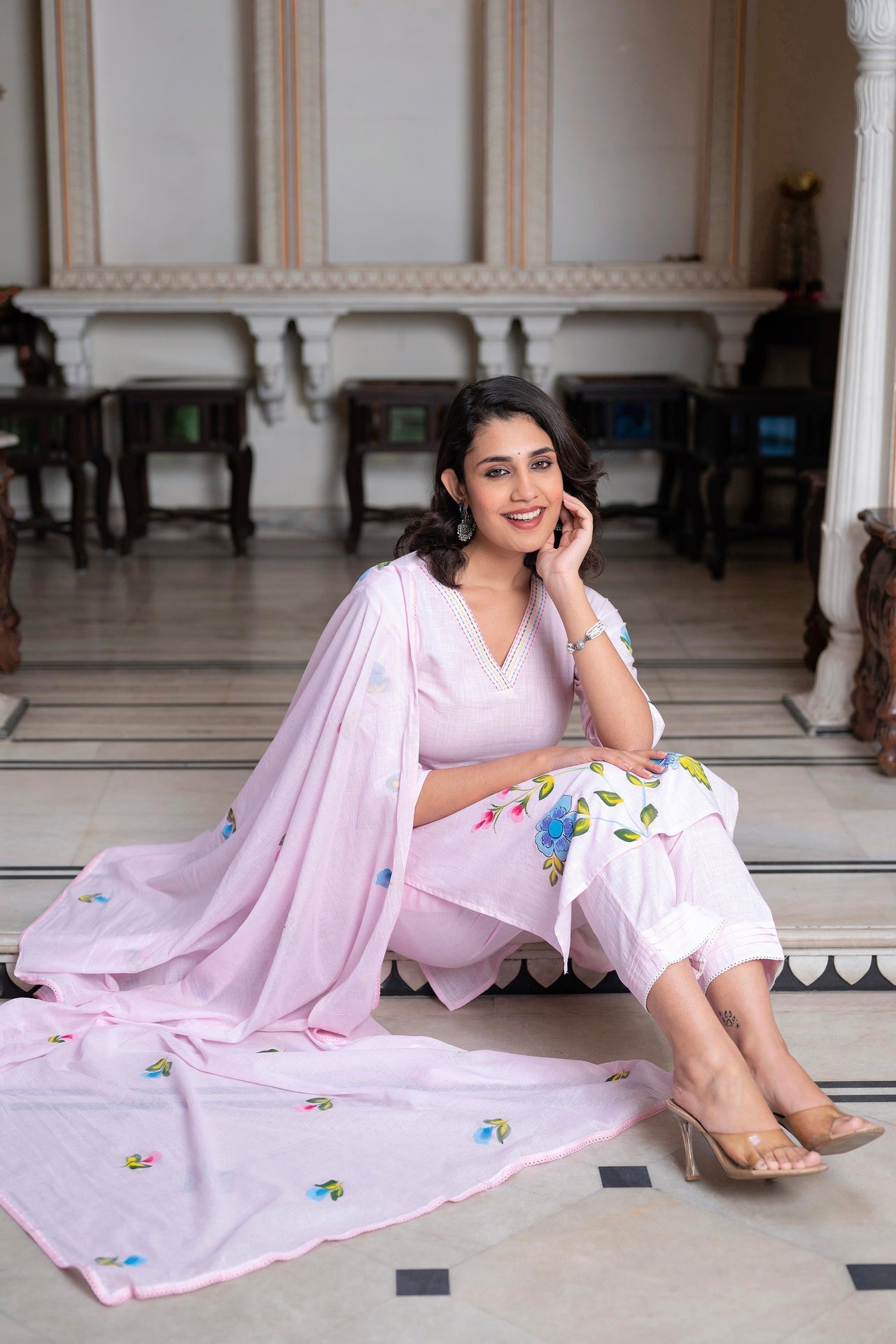 Baby pink Hand Paint design floral kurta with cotton slub Pant and Cotton Voile dupatta - Suit Set Kurti Pant Dupatta