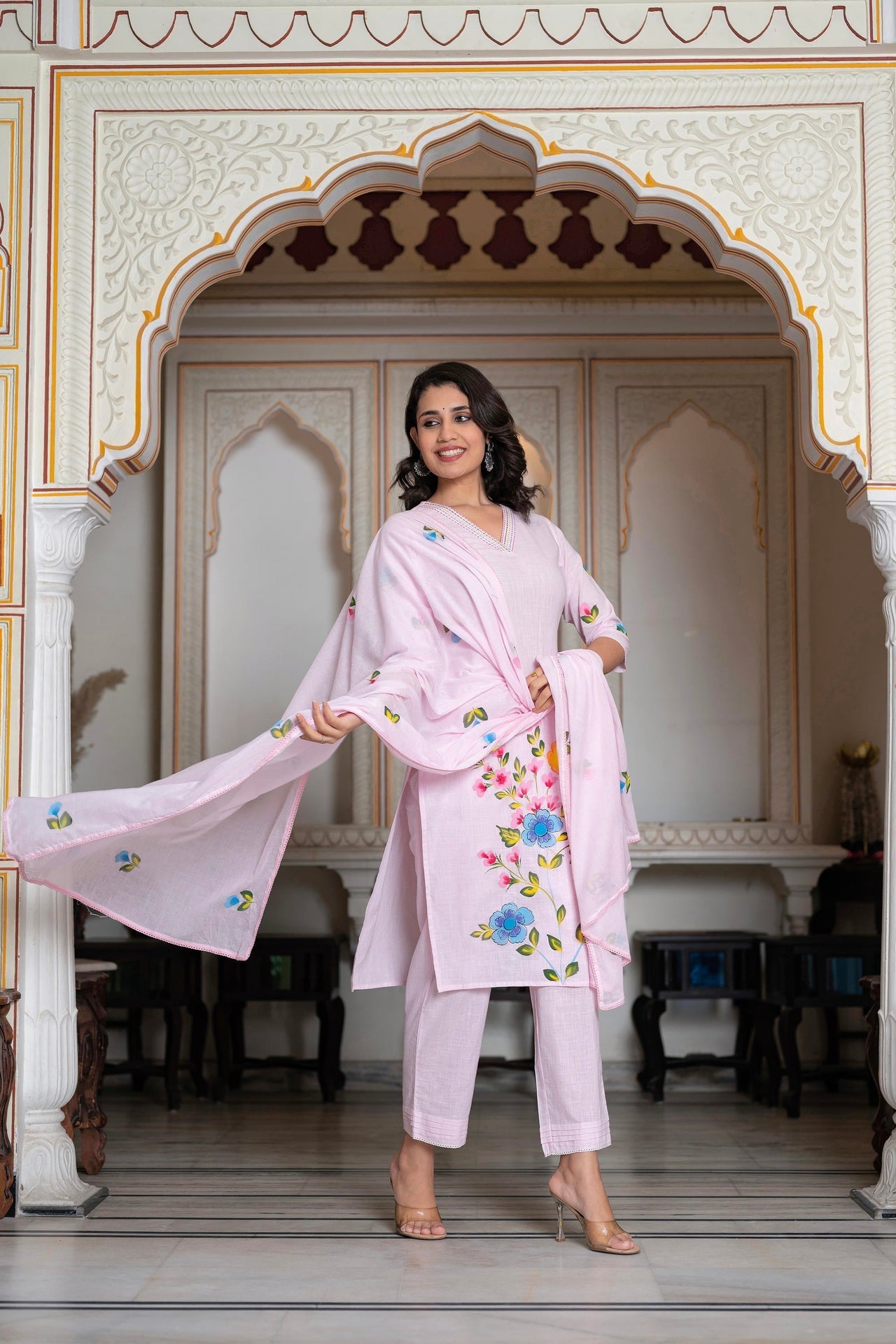 Baby pink Hand Paint design floral kurta with cotton slub Pant and Cotton Voile dupatta - Suit Set Kurti Pant Dupatta