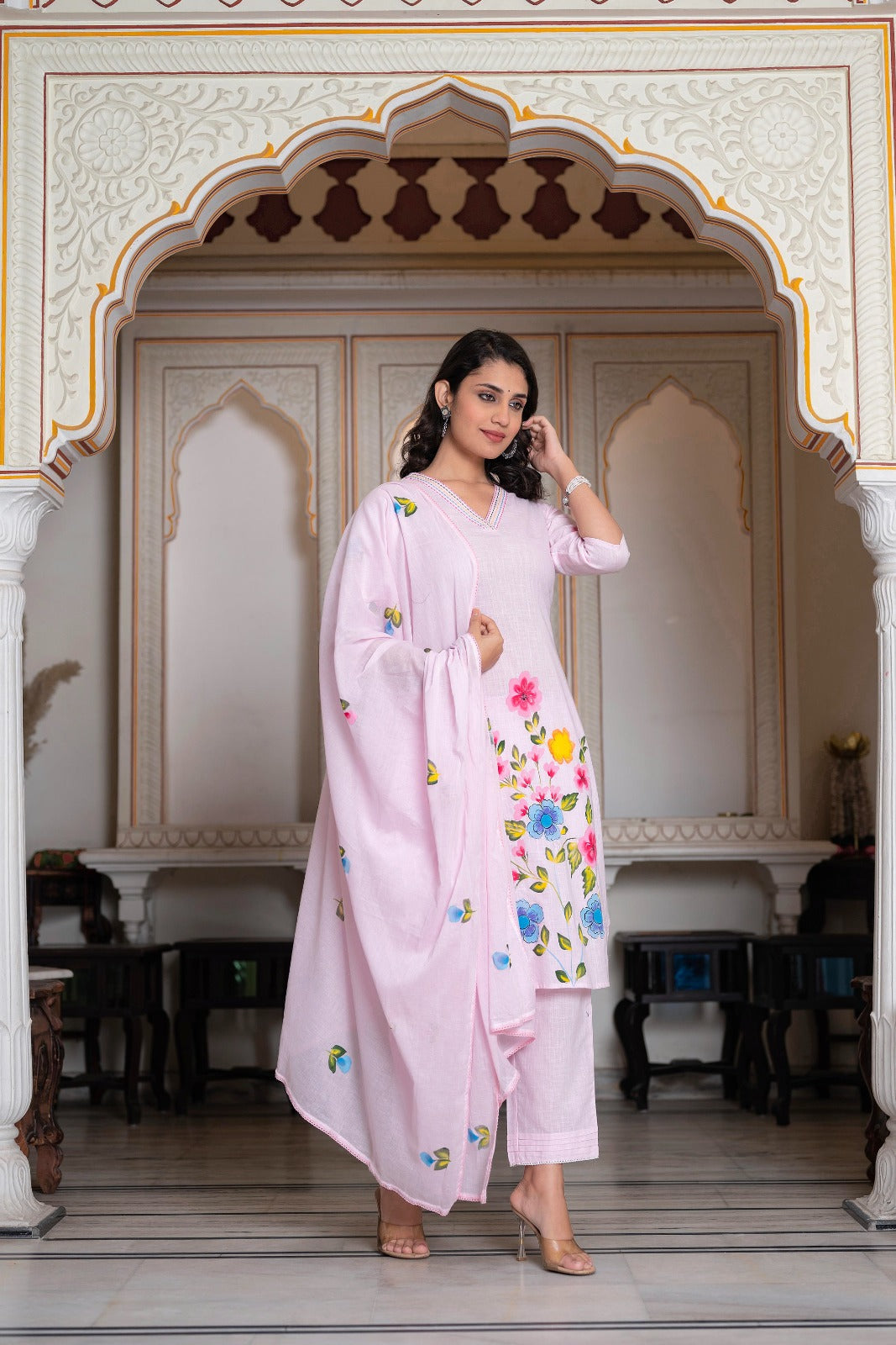 Baby pink Hand Paint design floral kurta with cotton slub Pant and Cotton Voile dupatta - Suit Set Kurti Pant Dupatta