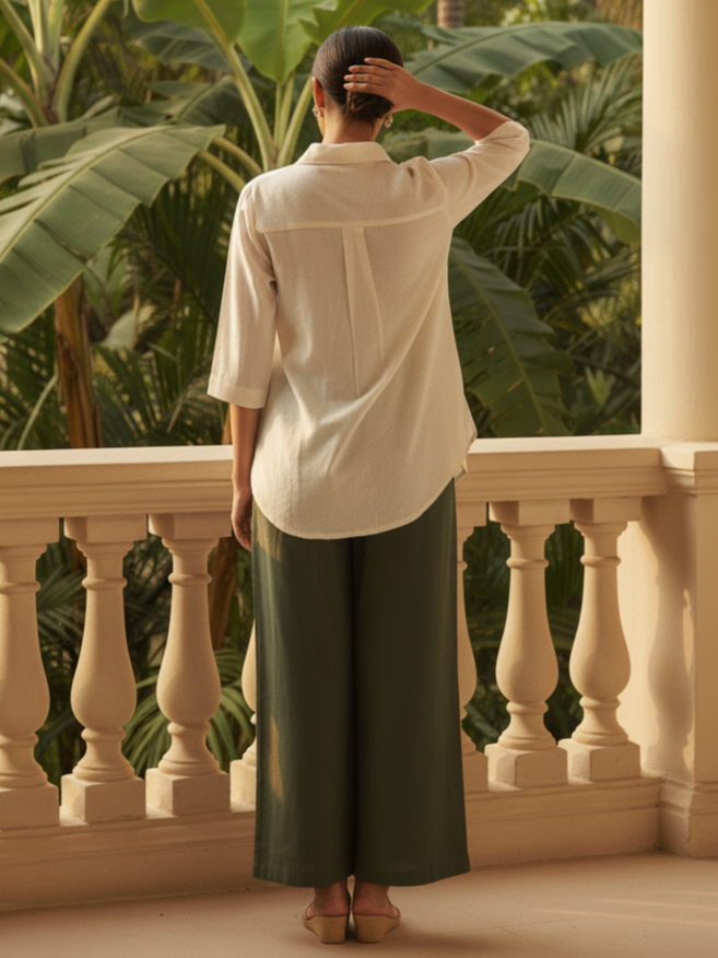 Natura Off White Shirt Co Ord Set with Green Wide Leg Pants