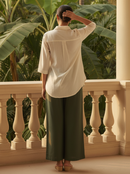 Natura Off White Shirt Co Ord Set with Green Wide Leg Pants