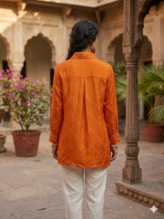 Orange Designer Bandhani Printed Crepe Shirt Top