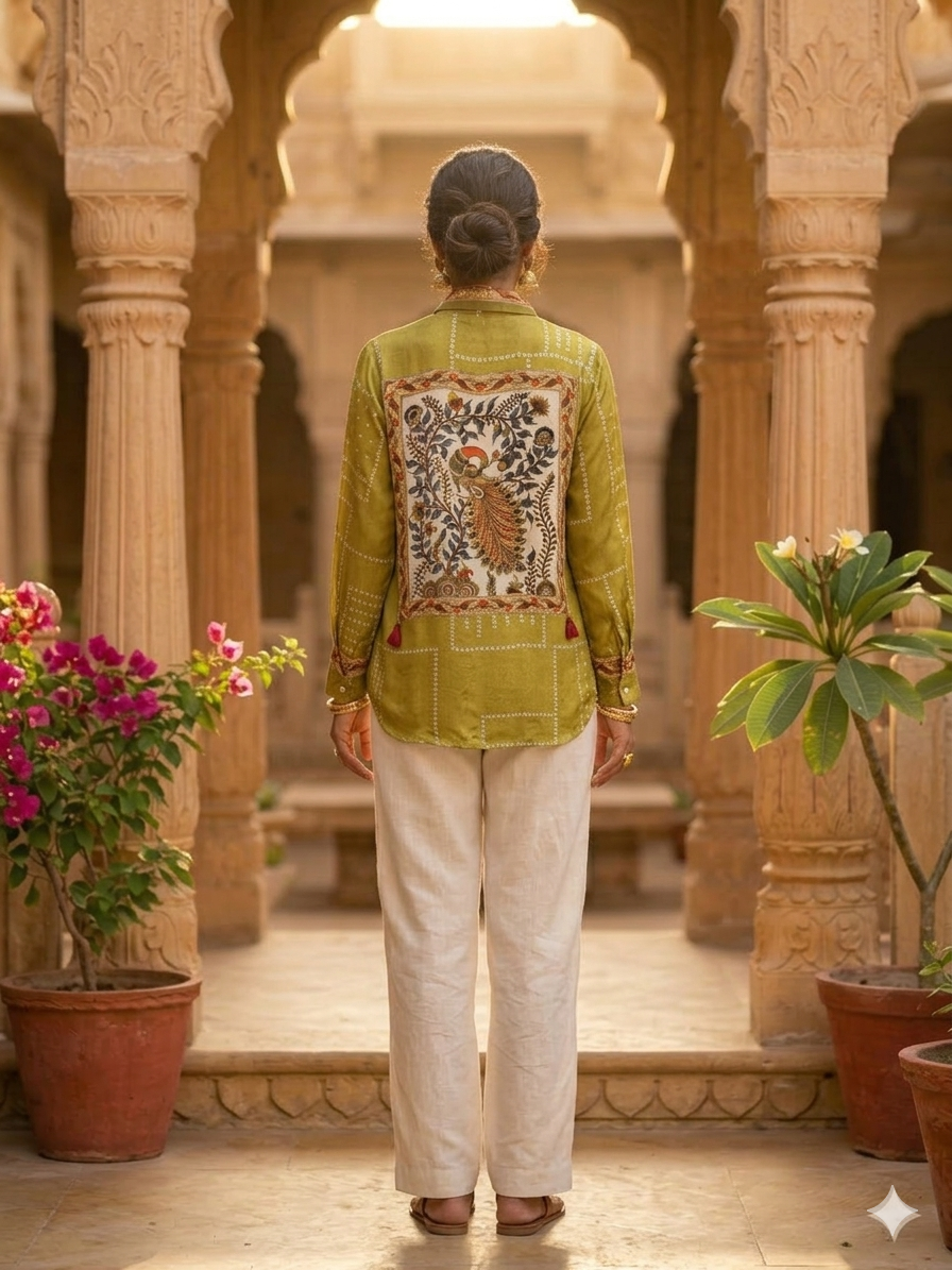 Peacock Bandhani Printed Indo-Western Crepe Shirt