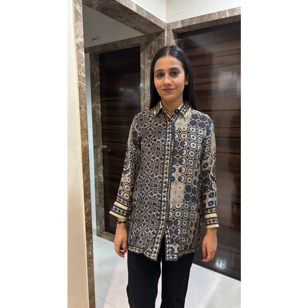 Beige Ajrakh Printed Indo-Western Crepe Shirt Top - shirt