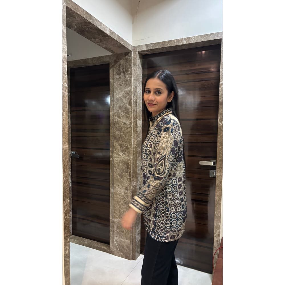 Beige Ajrakh Printed Indo-Western Crepe Shirt Top - shirt