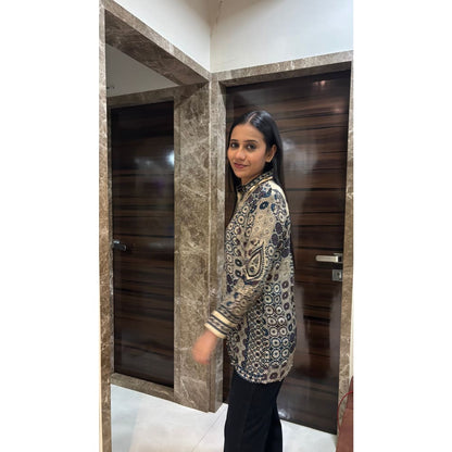 Beige Ajrakh Printed Indo-Western Crepe Shirt Top - shirt