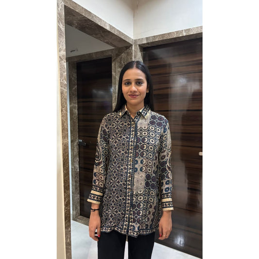 Beige Ajrakh Printed Indo-Western Crepe Shirt Top - shirt