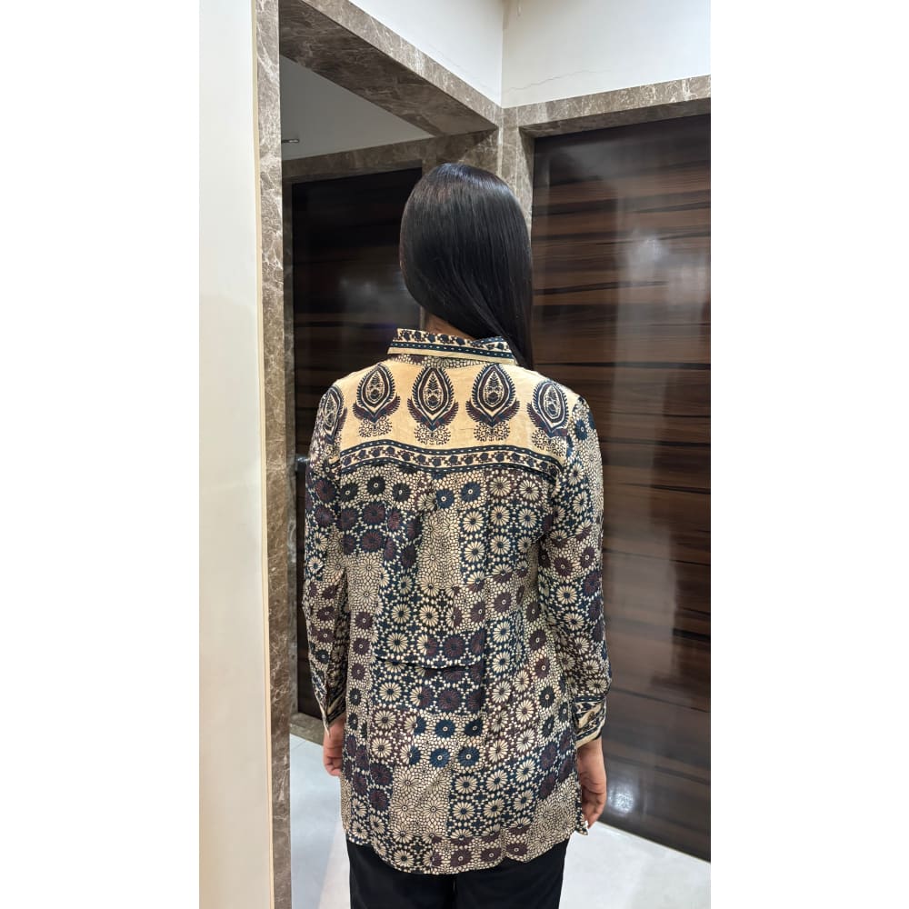 Beige Ajrakh Printed Indo-Western Crepe Shirt Top - shirt