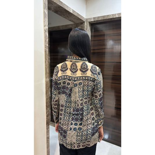 Beige Ajrakh Printed Indo-Western Crepe Shirt Top - shirt