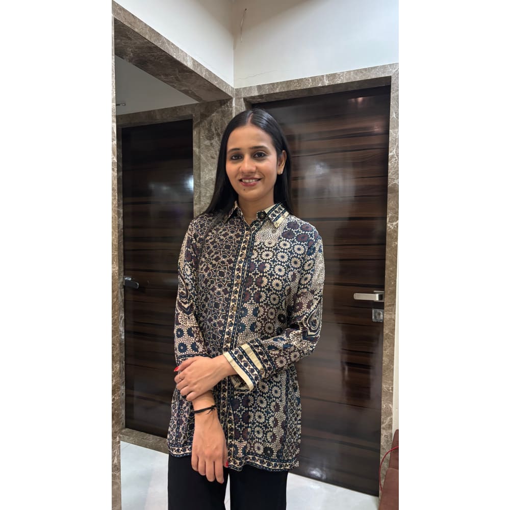 Beige Ajrakh Printed Indo-Western Crepe Shirt Top - shirt