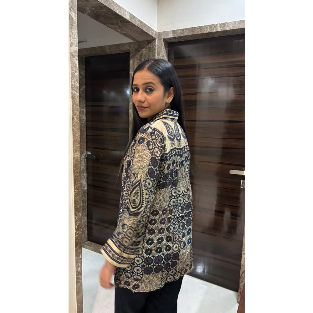 Beige Ajrakh Printed Indo-Western Crepe Shirt Top - shirt