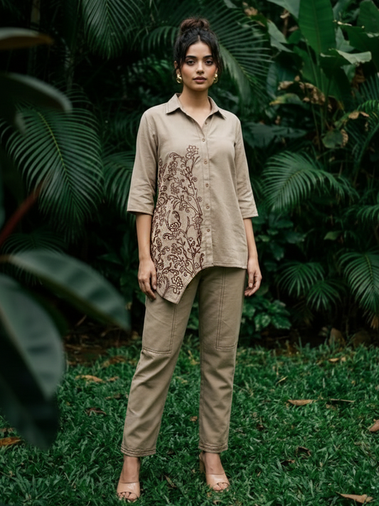 Beige/Khaki Embroidered Co Ord Set