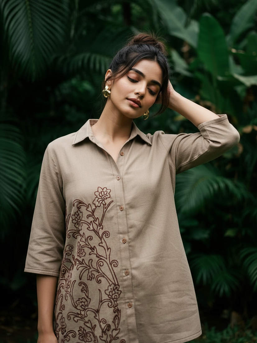 Beige/Khaki Embroidered Co Ord Set