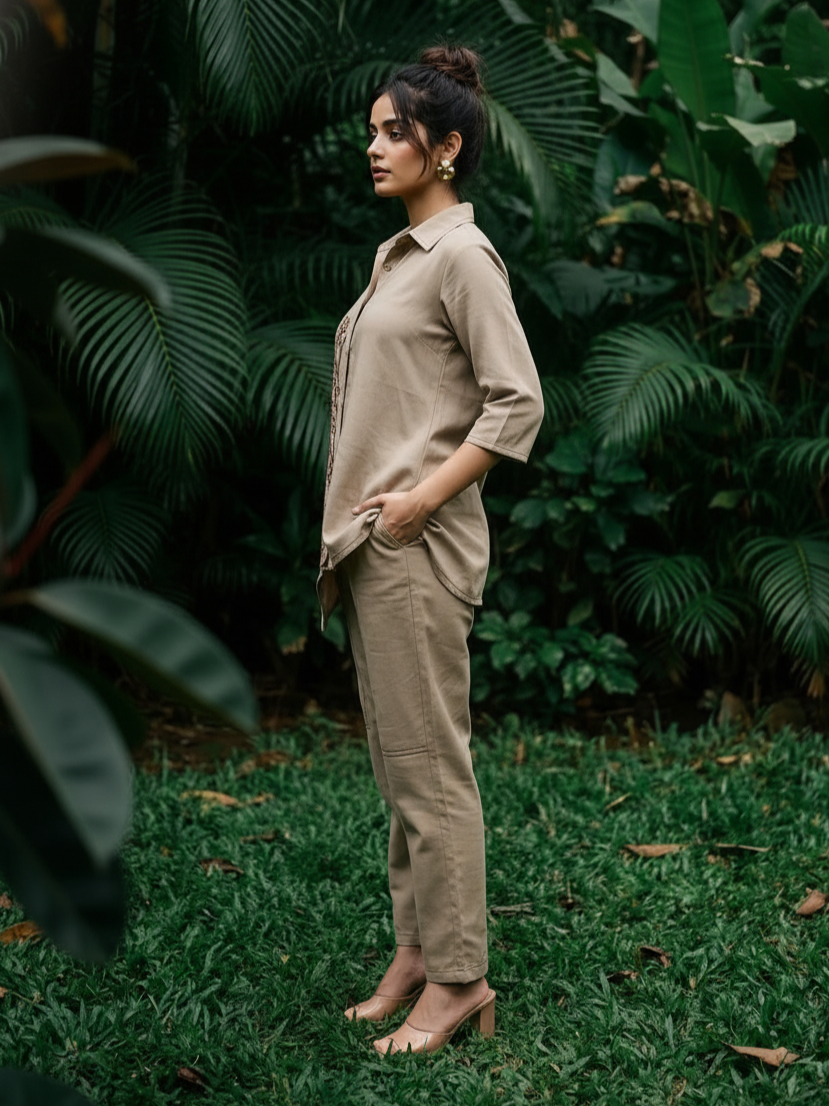 Beige/Khaki Embroidered Co Ord Set