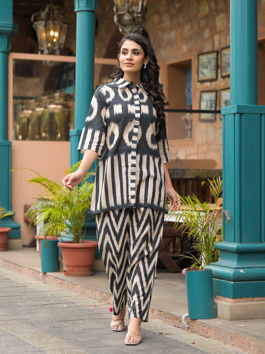 Black and White Coordset for Women -Shirt and Pant set with stripe and zigzag pattern
