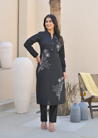 Black full sleeve embroidered V neck Cotton Kurti Pant set