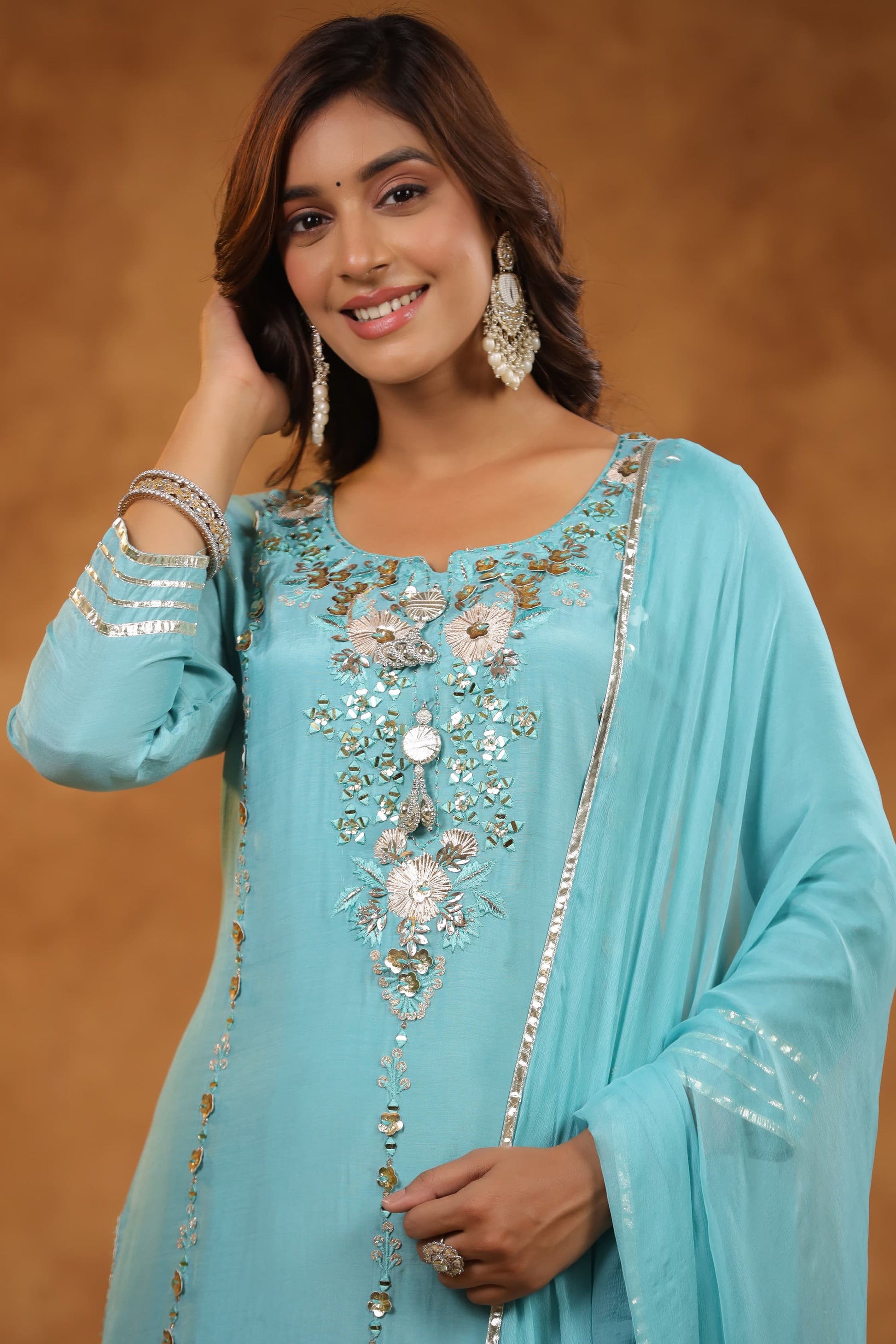 Blue Gharara Suit set - Suit Set Kurti Pant Dupatta Set