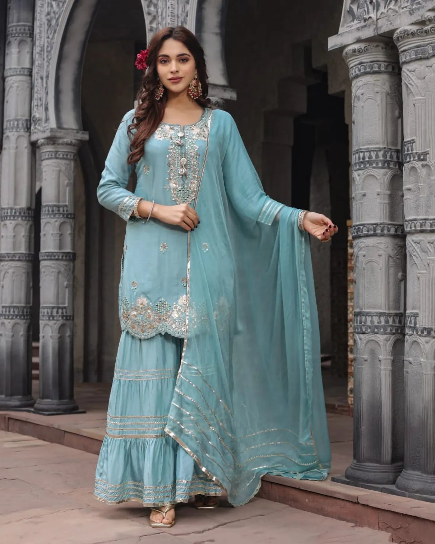Blue Gharara Suit set - Suit Set Kurti Pant Dupatta Set