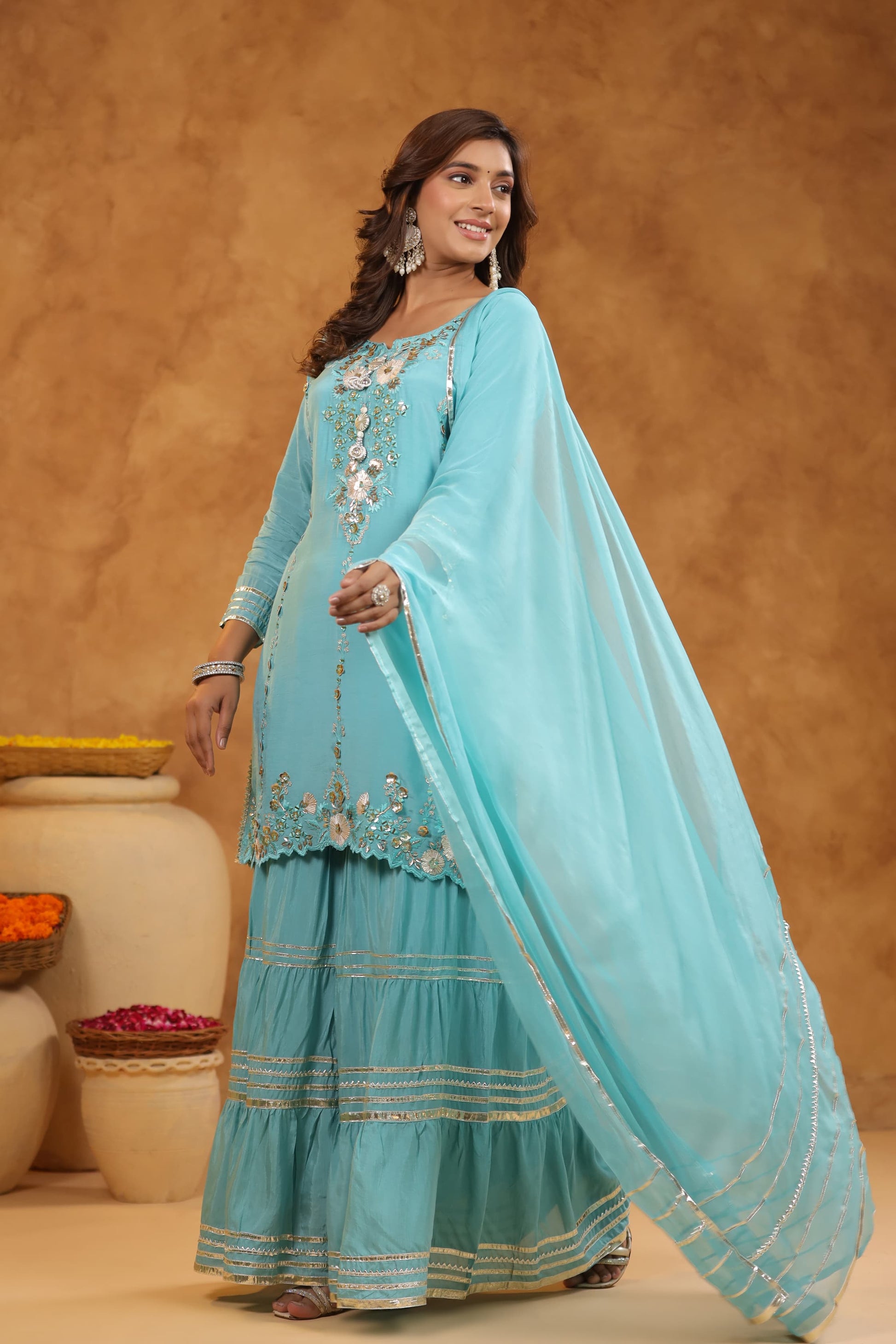 Blue Gharara Suit set - Suit Set Kurti Pant Dupatta Set