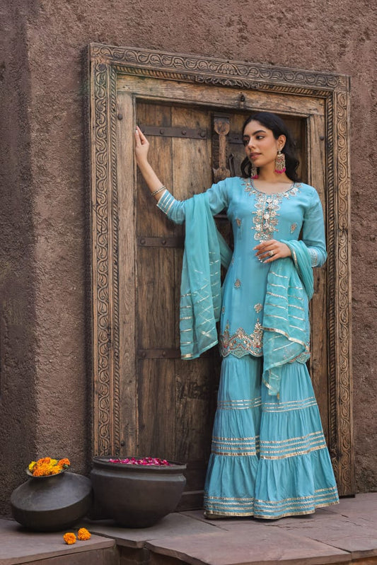 Blue Gharara Suit set - Suit Set Kurti Pant Dupatta Set