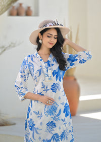 Blue & White floral printed Cotton Kurti Pant Set - Suit Set Kurti Pant Dupatta Set