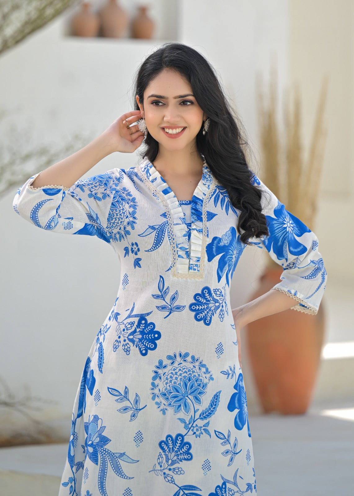 Blue & White floral printed Cotton Kurti Pant Set - Suit Set Kurti Pant Dupatta Set