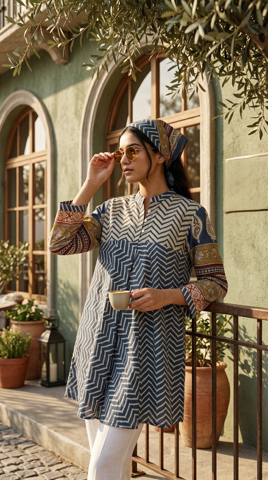 Blue Chevron Print Fusion A-Line Kurti