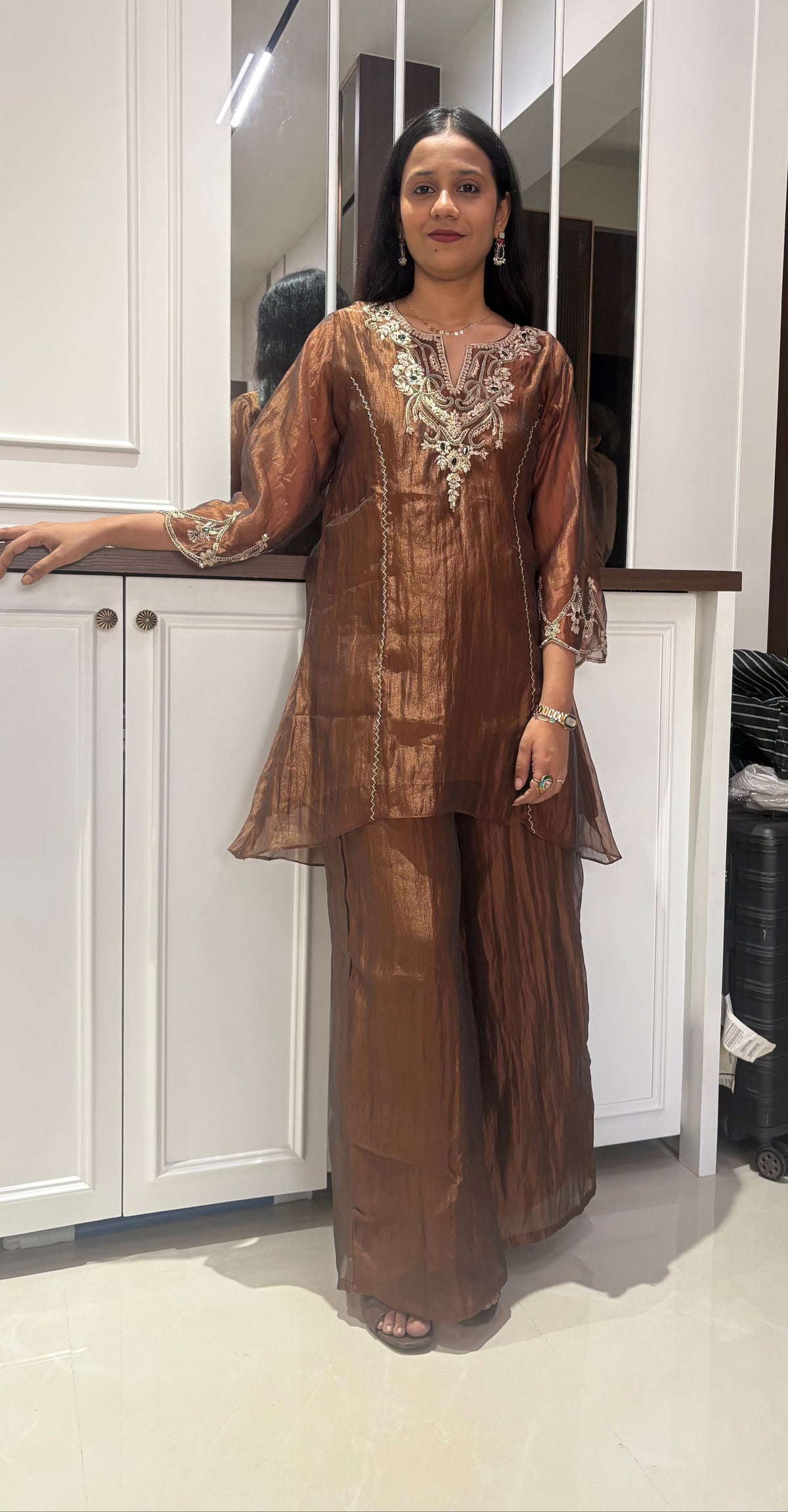 brown shimmer emerald kurta pant set