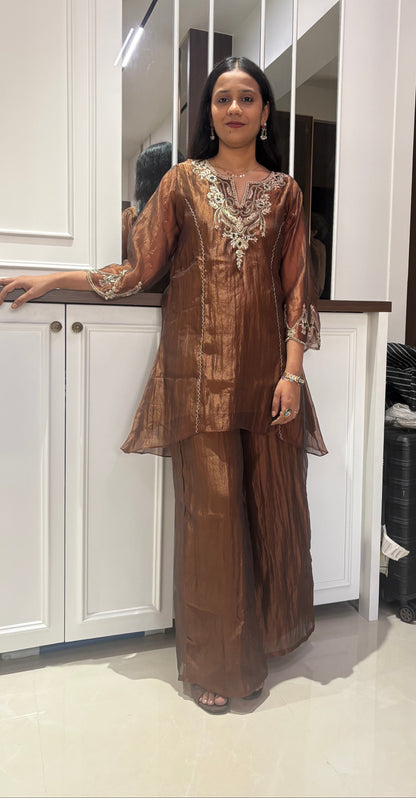 brown shimmer emerald kurta pant set