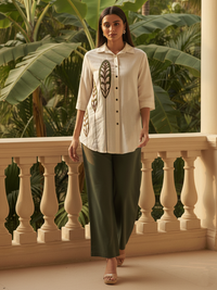 Natura Off White Shirt Co Ord Set with Green Wide Leg Pants