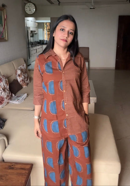 Cotton Printed Co-Ord Set for Women Casual Wear - S / Brown - Coord Set for Women