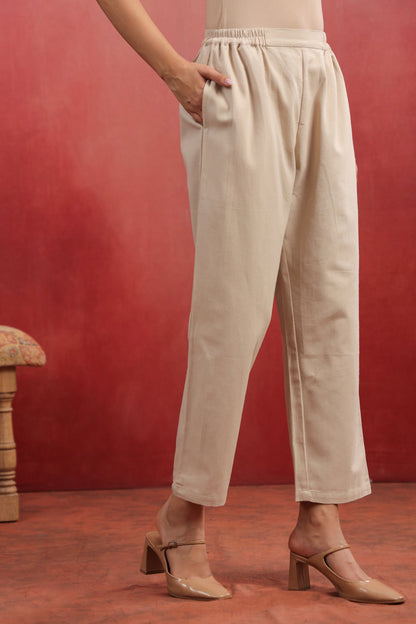 Beige Cotton Solid Relaxed fit pant