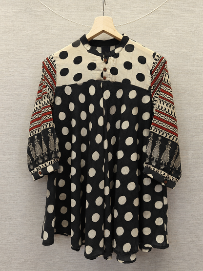 Black white Polka Dot Print Fusion A-Line Kurti